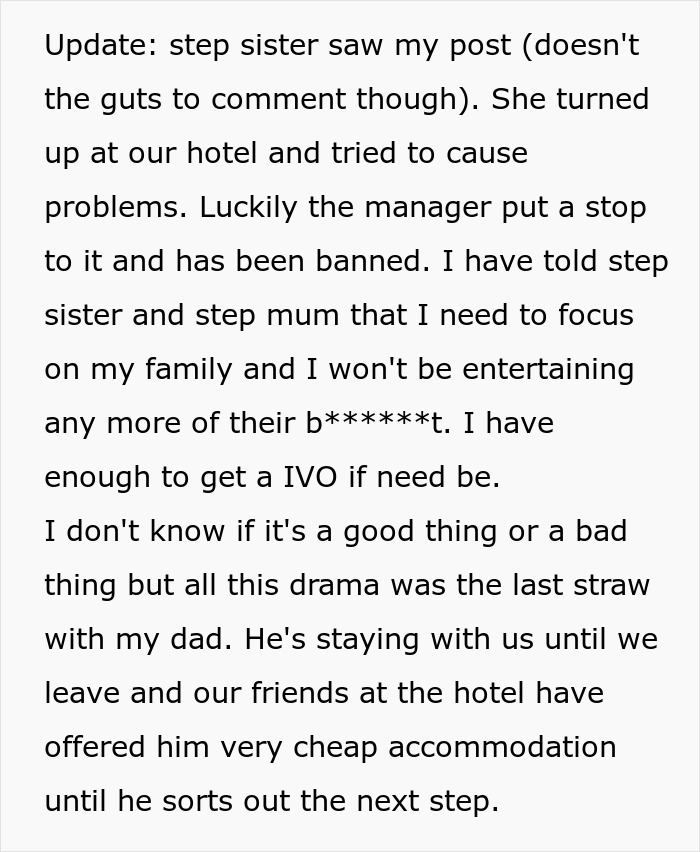 Text post update about family drama after woman refuses to babysit step sister&rsquo;s kids during holiday.