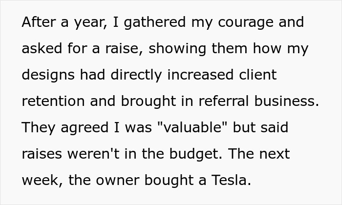 Text excerpt about a graphic designer gathering courage to ask for a raise after increasing client retention.
