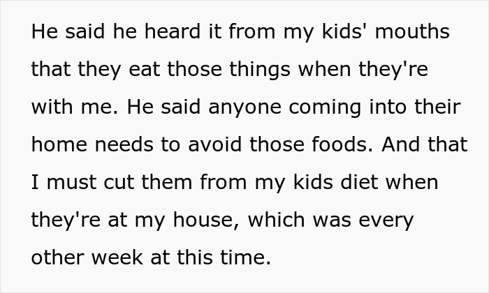 Text discussing a dad refusing to change kids&rsquo; diet to accommodate the ex&rsquo;s new husband during visitation.