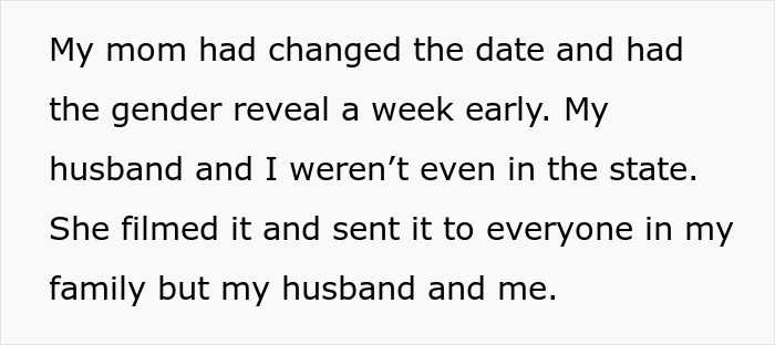 Text showing a mom stealing her daughter&rsquo;s pregnancy announcement by changing the gender reveal date early without telling them.