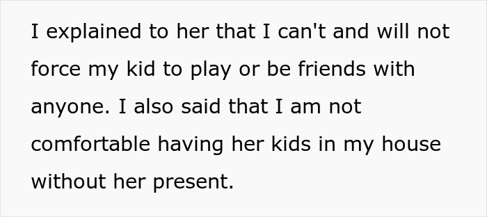 Text excerpt about not forcing kid to play with others and discomfort hosting brother's girlfriend&rsquo;s kids alone, related to AITAH.