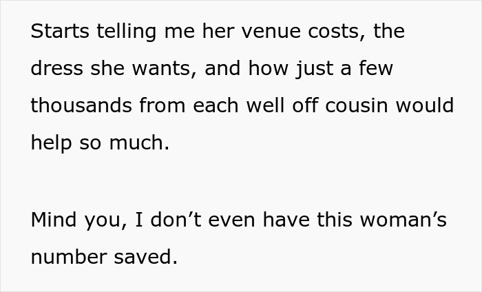 Text excerpt about distant cousin asking to fund wedding due to user being single with no kids, discussing costs and favors.