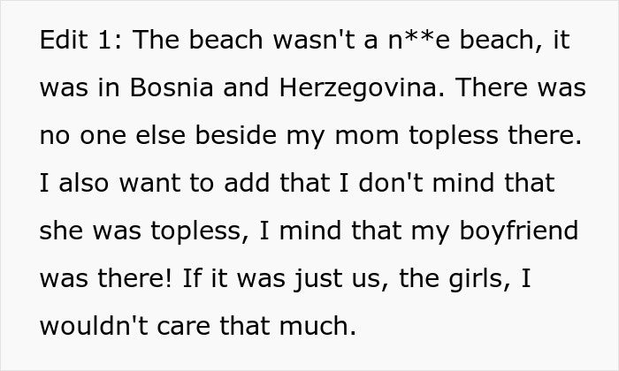 Text excerpt discussing a woman feeling betrayed after her mother goes topless in front of her boyfriend on a beach in Bosnia. Text excerpt discussing a woman feeling betrayed after her mother goes topless in front of her boyfriend on a beach in Bosnia.