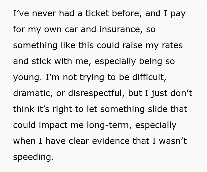 Text on a white background discussing concerns about a wrongful speeding ticket and its long-term impact on insurance rates. Text on a white background discussing concerns about a wrongful speeding ticket and its long-term impact on insurance rates.
