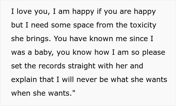 Text excerpt discussing setting boundaries and refusal to treat brother's girlfriend&rsquo;s kids like own in a family conflict context.