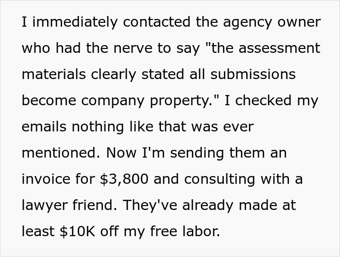 Person realizes they got tricked during an interview while discovering their interview task used live without consent. Person realizes they got tricked during an interview while discovering their interview task used live without consent.