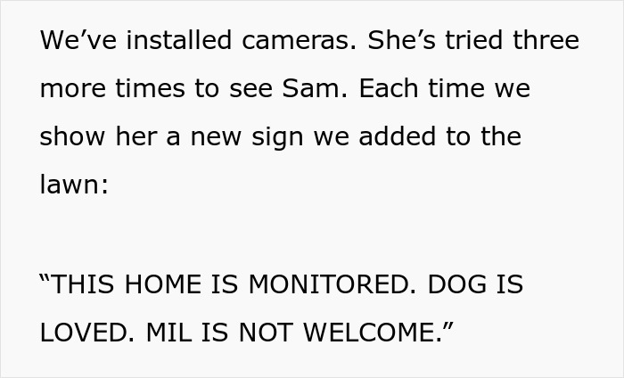 Text showing a lawn sign warning MIL is not welcome after she secretly rehomes dog while couple&rsquo;s on honeymoon.