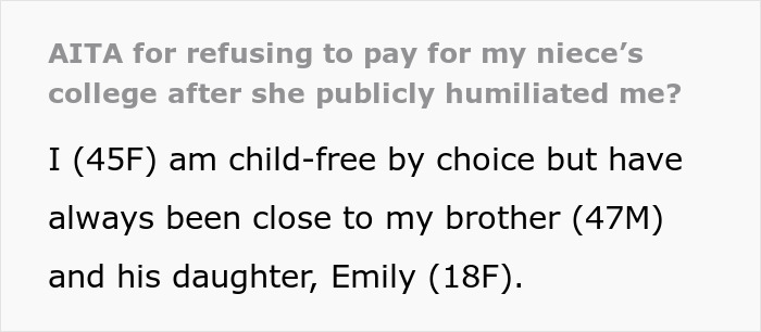 Niece Publicly Mocks Aunt’s Child-Free Life, Is Shocked When Her College Fund Disappears Niece Publicly Mocks Aunt’s Child-Free Life, Is Shocked When Her College Fund Disappears