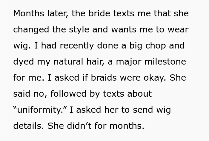 Text message exchange about woman refusing to wear a wig at brother's wedding due to natural hair and uniformity. Text message exchange about woman refusing to wear a wig at brother's wedding due to natural hair and uniformity.