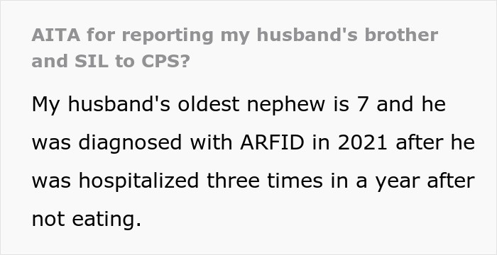 Text excerpt about a couple reporting parents to CPS for starving their child, discussing ARFID diagnosis.