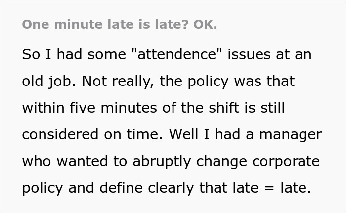 Text excerpt discussing a boss enforcing a one minute late rule and employee attendance issues at an old job.