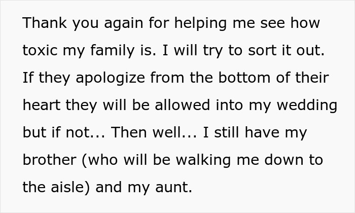 Text excerpt about family drama and wedding plans, highlighting conflict ahead of a couple's wedding venue booking.