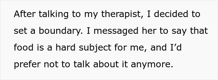 Text of a personal message explaining how food talk is a hard subject due to her son’s autism, setting a boundary. Text of a personal message explaining how food talk is a hard subject due to her son’s autism, setting a boundary.