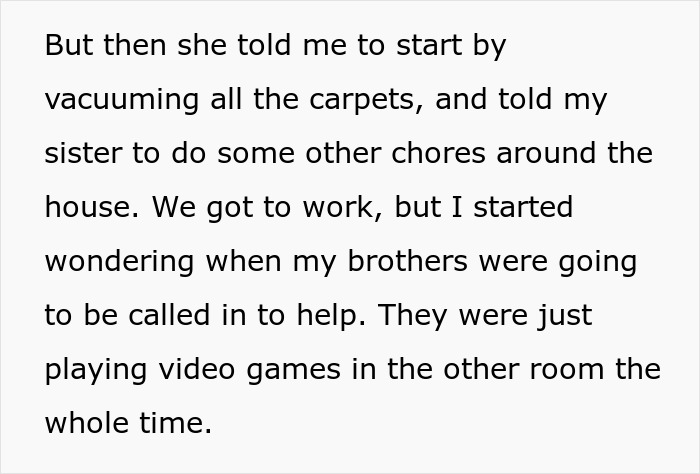 Woman boycotts doing chores at sexist parents' house until her brothers help clean and share household work. Woman boycotts doing chores at sexist parents' house until her brothers help clean and share household work.