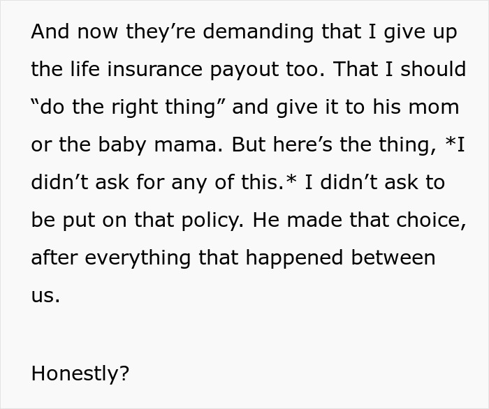 Text excerpt discussing a woman refusing to give up life insurance payout amid demands from ex’s family to refinance a car. Text excerpt discussing a woman refusing to give up life insurance payout amid demands from ex’s family to refinance a car.