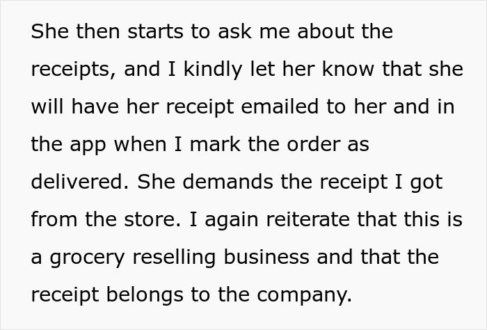 Text excerpt about a grocery Karen refusing to pay extra items and demanding shopper cover the bill or provide a receipt.