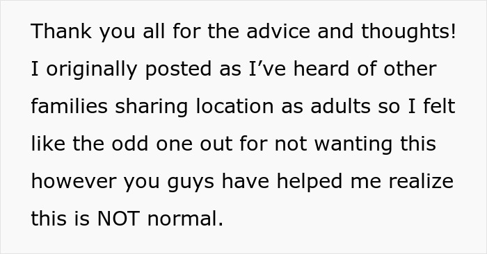 Text message expressing gratitude for advice about parents using phone tracking to see location and concerns over privacy.