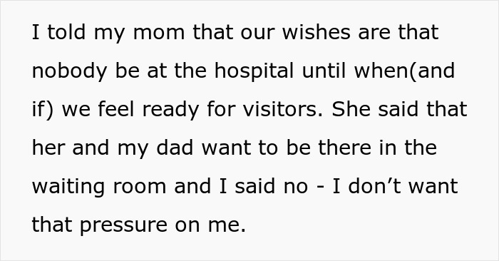 Text discussing a dad wanting a front-row seat to daughter's delivery and her firm refusal to allow it.