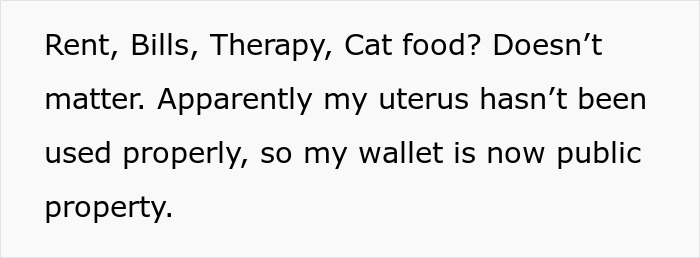 Text about rent, bills, therapy, and cat food with sarcastic tone about single status and funding cousin&rsquo;s wedding.