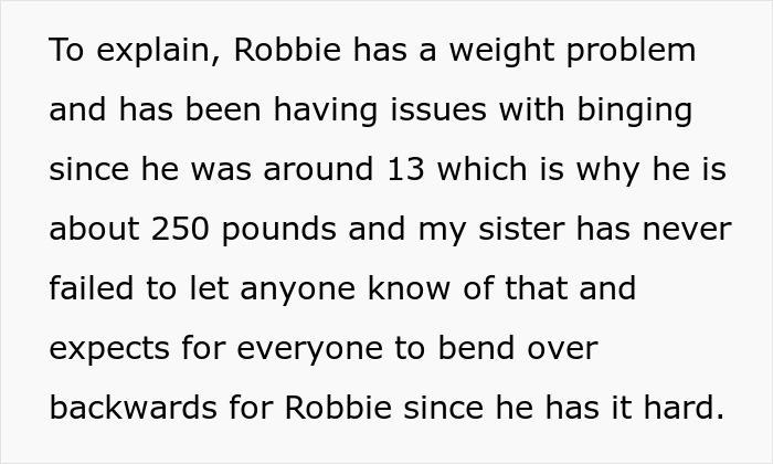 Text about Robbie&rsquo;s weight problem and sister&rsquo;s defense, related to nephew excluded from birthday, fatphobic family conflict.
