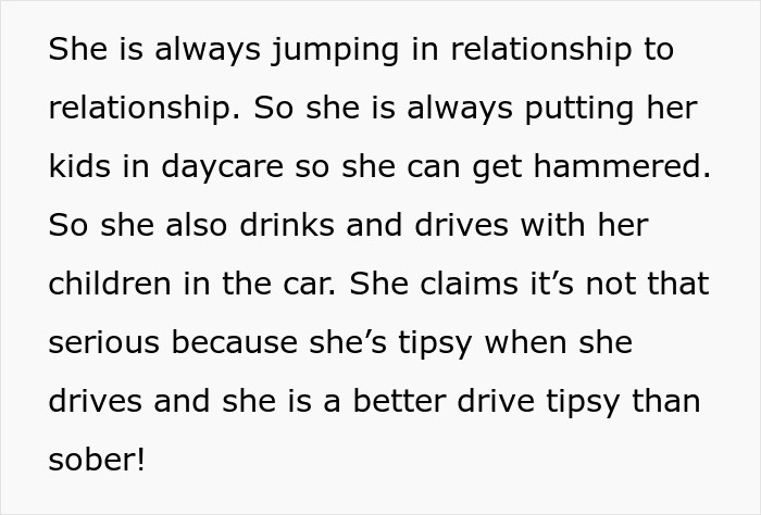 Text excerpt describing a woman&rsquo;s risky behavior including drinking and driving with children, related to divorce papers.