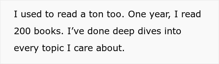 Text excerpt showing a personal story of someone who read 200 books and explored topics deeply as part of employee figures out how to only work a week a month. Text excerpt showing a personal story of someone who read 200 books and explored topics deeply as part of employee figures out how to only work a week a month.