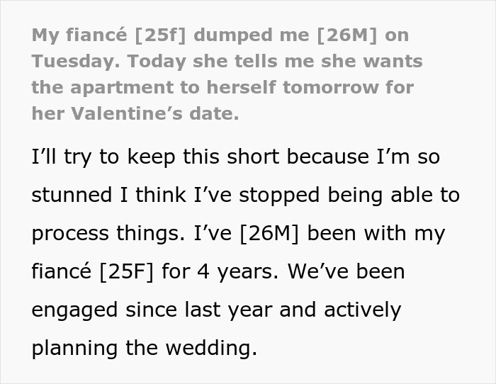 Text excerpt about an ex-fiance planning to use their shared apartment for a Valentine&rsquo;s Day date.