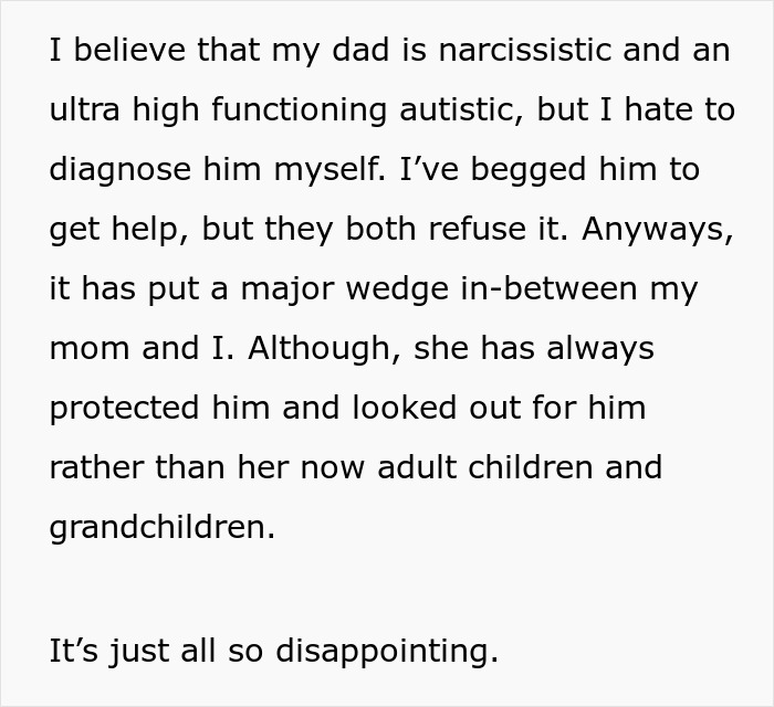 Text expressing disappointment about a dad&rsquo;s behavior and refusal to seek help, causing family tension.