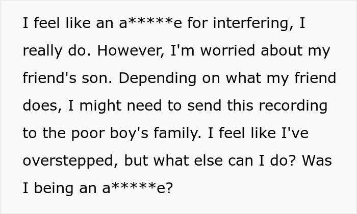 Text expressing concern about a friend's son and debating sending a recording to his family after a bachelorette bash incident.
