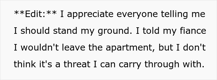 Text excerpt from ex-fiance Valentine Day apartment dispute showing standing ground and apartment threats discussion.