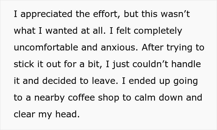 Text excerpt describing an anxious birthday girl leaving a surprise bash thrown by her roommate with 50 guests.