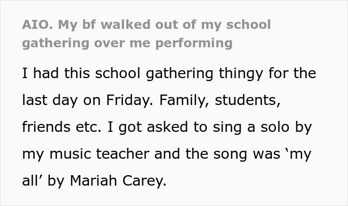 Text excerpt about a guy walking out during his girlfriend&rsquo;s school performance due to how she connects with the song.