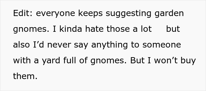 Text on a white background discussing garden gnomes and refusing to buy them, related to neighbor&rsquo;s pink flamingos debate.