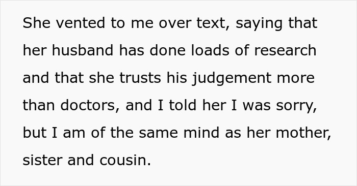 Text message about pregnant anti-vaxxer trusting husband&rsquo;s research, causing best friend to bow out of future playdates.