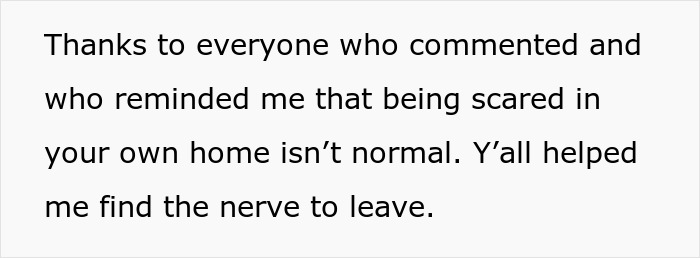 Text on a white background expressing gratitude to commenters who reminded a woman that fear at home isn't normal, helping her leave.