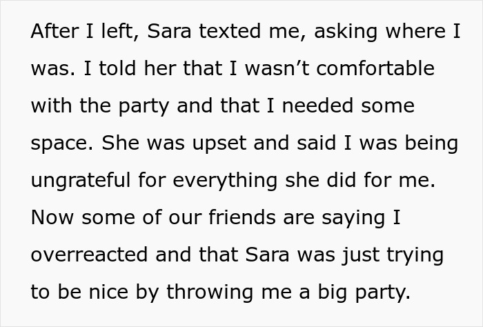 Text message conversation about feeling uncomfortable at a surprise party thrown by a roommate for an anxious birthday girl.