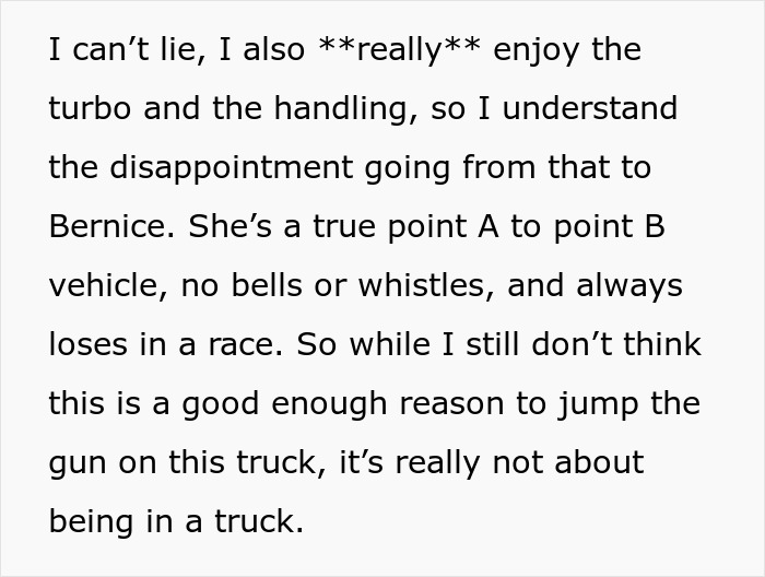 Text excerpt discussing enjoyment of turbo and handling with concerns about an irresponsible manly purchase decision.