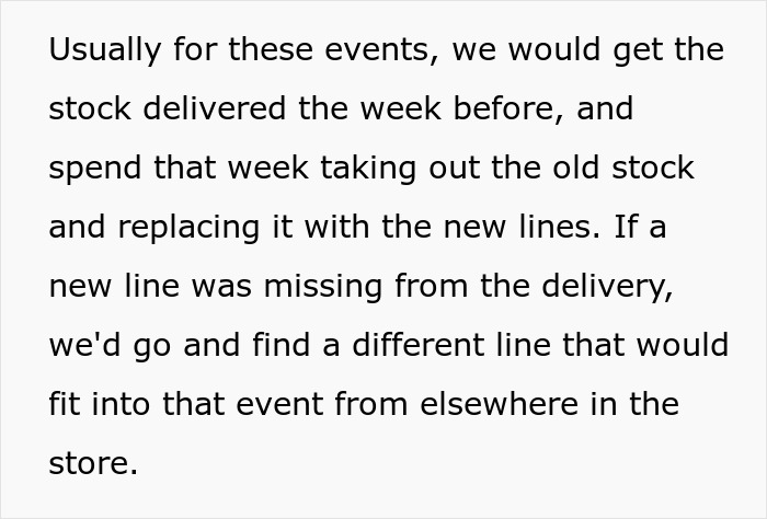 Text excerpt explaining stock delivery and replacing old stock for events in a retail manager and staff context.