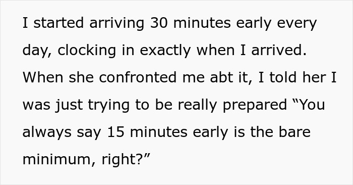 Text showing an employee&rsquo;s clever workaround to a boss obsessed with punctuality shaming workers for being on time.