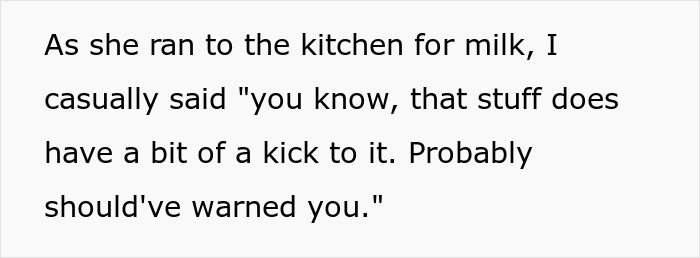 Text excerpt showing a person mentioning food having a kick, relating to revenge on roommate stealing food.