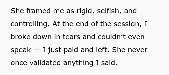 Text showing a person describing feeling attacked and invalidated by their own therapist during relationship struggles.