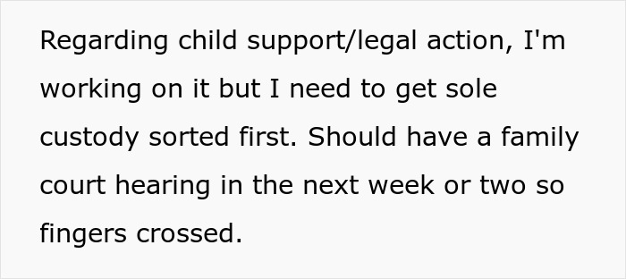 Text message about working on child support and sole custody for a family court hearing in the coming weeks.