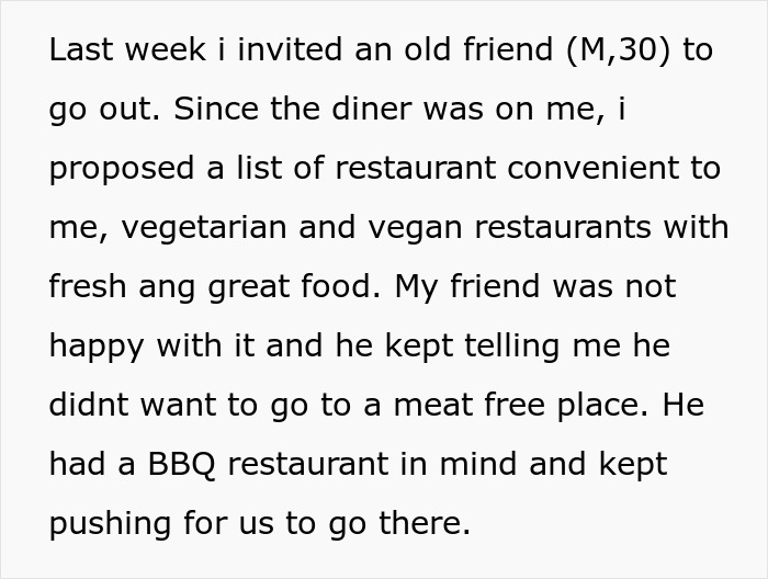 Friend laughs off vegan&rsquo;s warning at vegetarian restaurant, surprised when bill arrives for paying only his food.