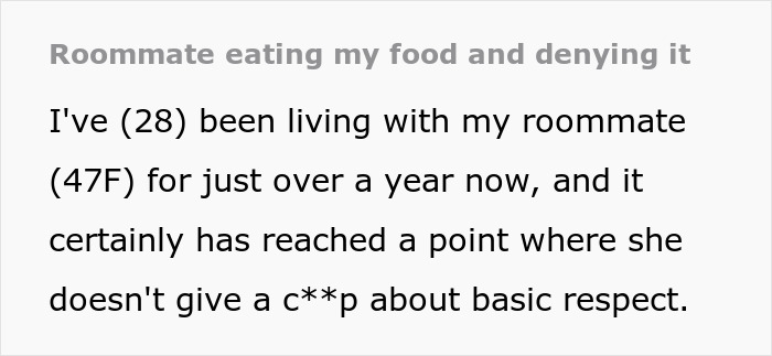 Middle-aged woman with a shopping habit repeatedly stealing roommate&rsquo;s food causing frustration and conflict.