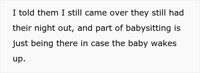 Text excerpt discussing babysitting duties when a baby falls asleep and family attempts to avoid full payment.