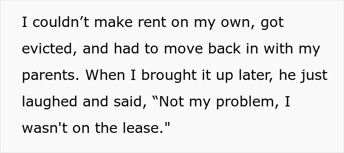 Text showing a personal story about eviction and moving back with parents after a friend’s lack of support sparks petty revenge. Text showing a personal story about eviction and moving back with parents after a friend’s lack of support sparks petty revenge.