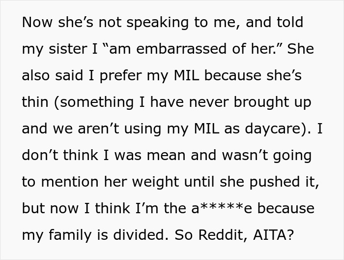 Text from a family dispute about not letting obese mom babysit newborn, facing backlash for fat shaming concerns.