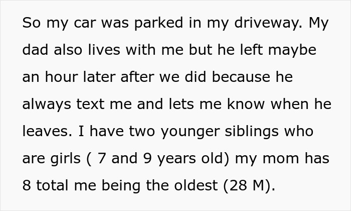 Text describing a man finding out his little sisters were left at his empty house, leading him to call CPS and family reactions.