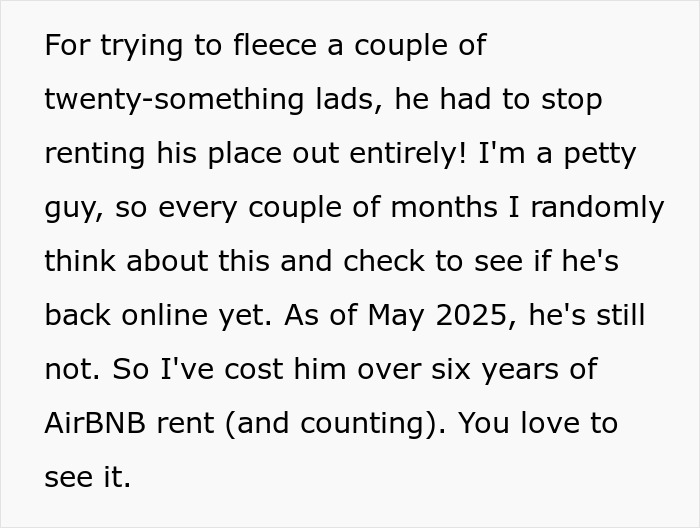 Text on screen describing petty revenge against an Airbnb host who tried to jack up the price last minute.