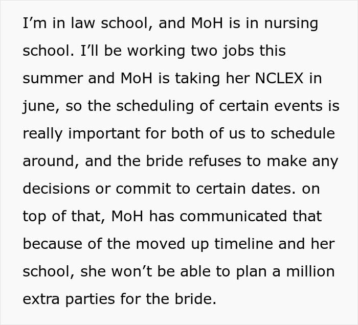 Couple conflicts with maid of honor over bride’s wedding planning participation and scheduling decisions. Couple conflicts with maid of honor over bride’s wedding planning participation and scheduling decisions.